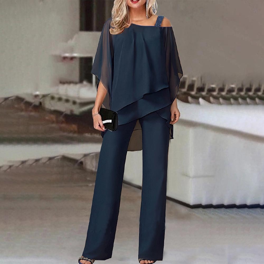 Women's Cold Shoulder Two-Piece Set With Wide-Leg Trousers