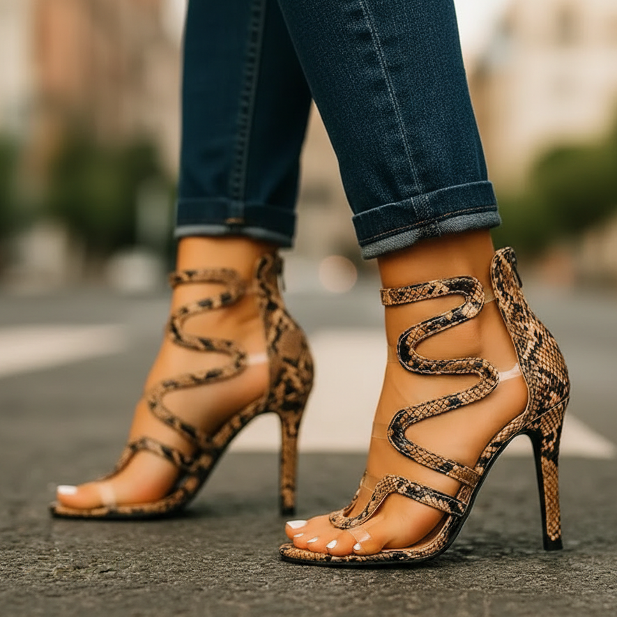 Reptile Effect Ankle Wrap Stiletto Heels