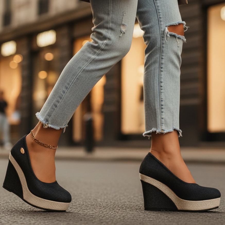 Chunky Platform Wedge Slip-On Shoes with Ankle Strap