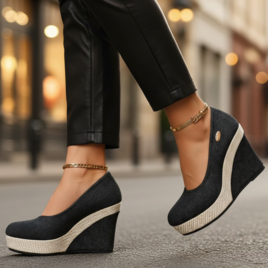 Chunky Platform Wedge Slip-On Shoes with Ankle Strap