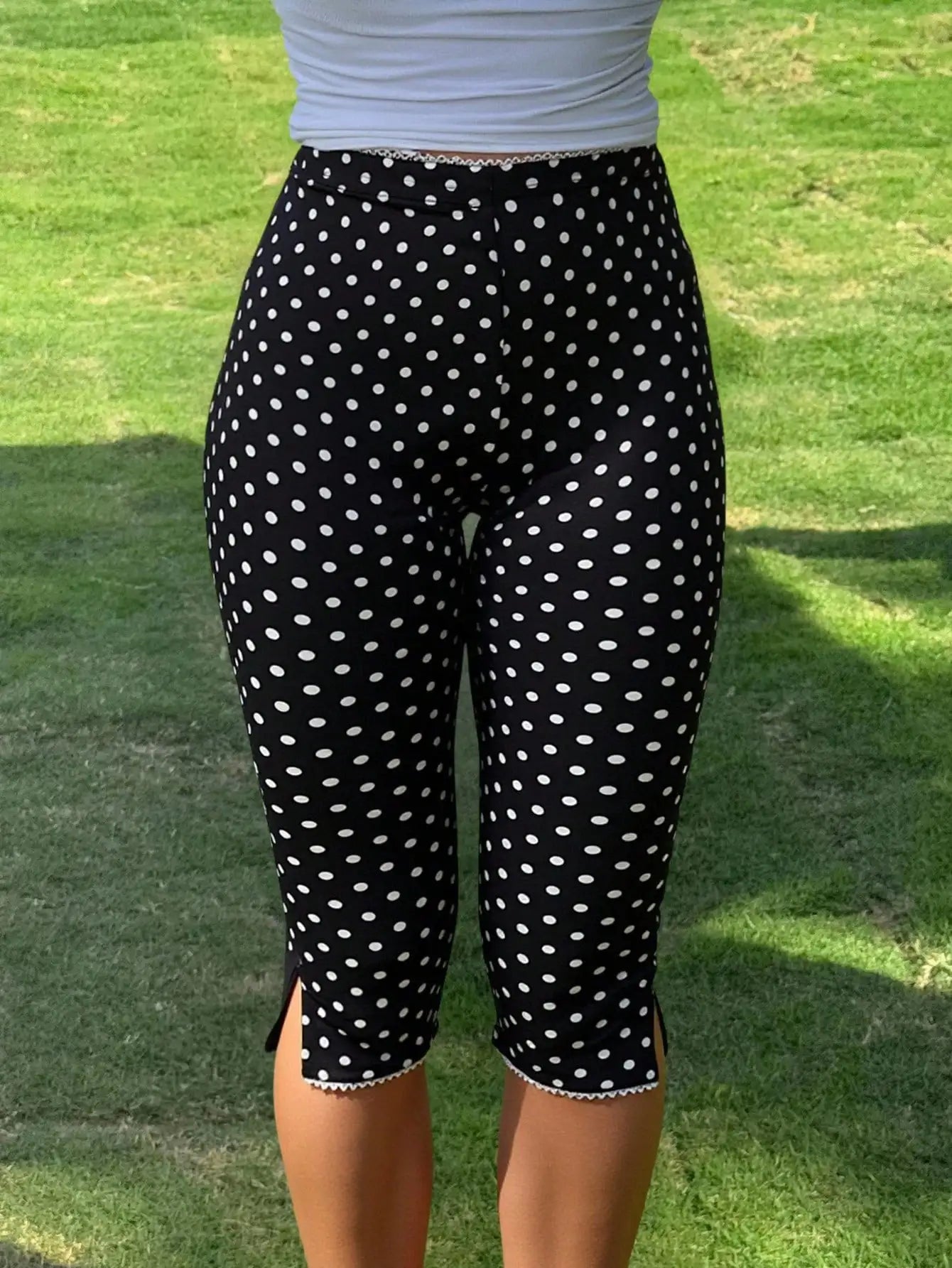 Polka Dot Stretch Capri Pants with Lace Ruffle Hem
