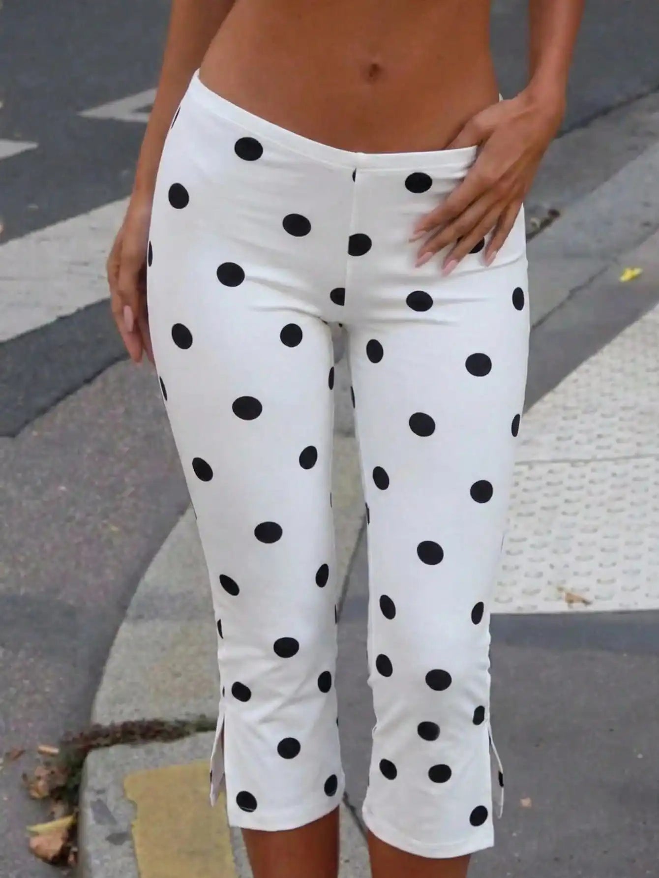 Polka Dot Stretch Capri Pants with Lace Ruffle Hem
