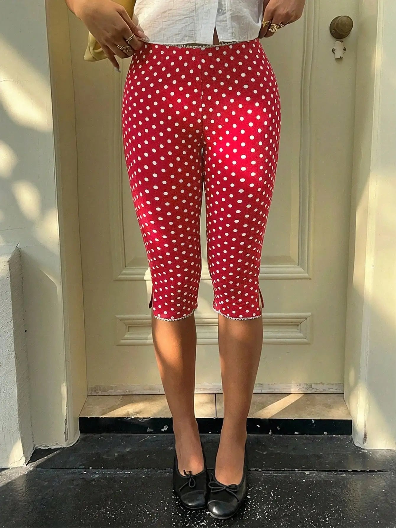 Polka Dot Stretch Capri Pants with Lace Ruffle Hem