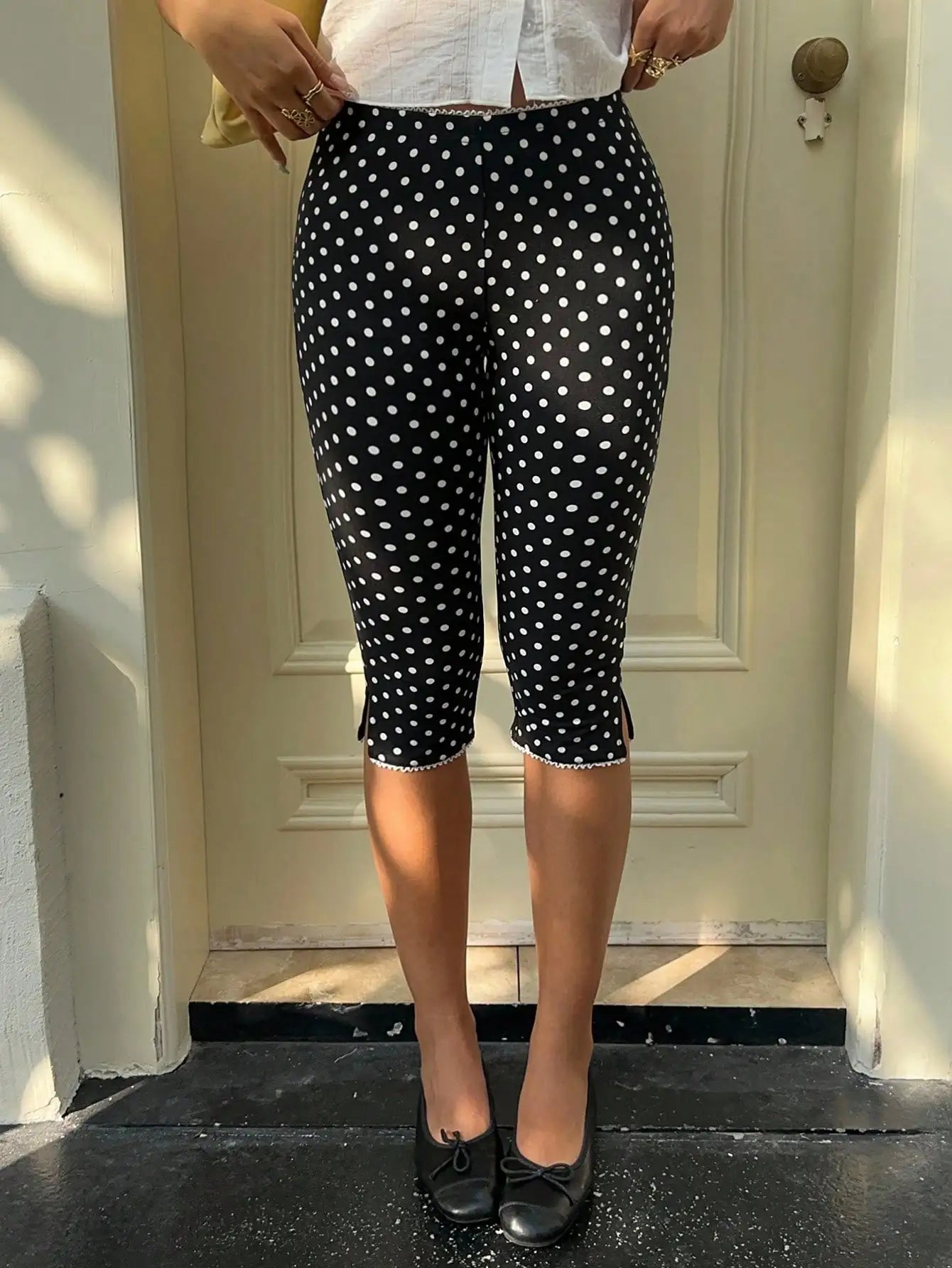 Polka Dot Stretch Capri Pants with Lace Ruffle Hem