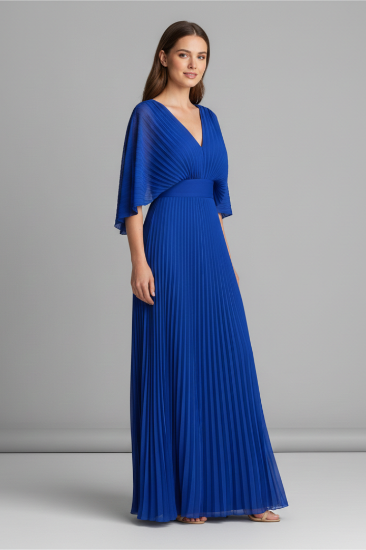 V-Neck Maxi Dress with Long Sleeves and Pleated Skirt