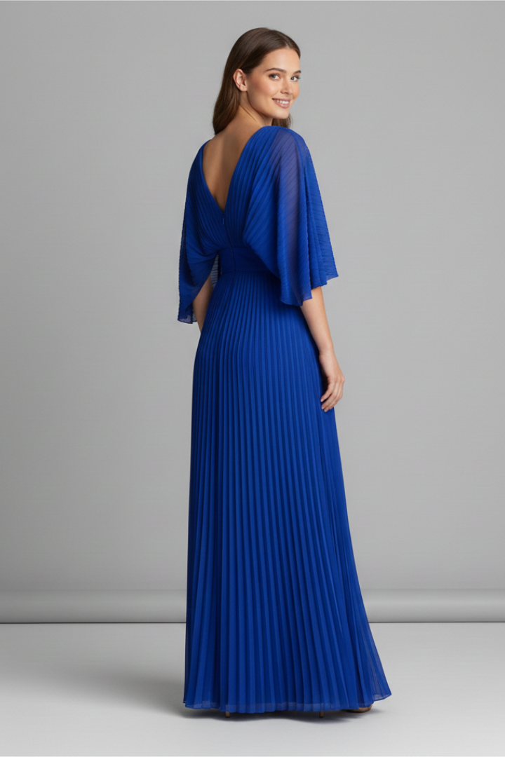 V-Neck Maxi Dress with Long Sleeves and Pleated Skirt