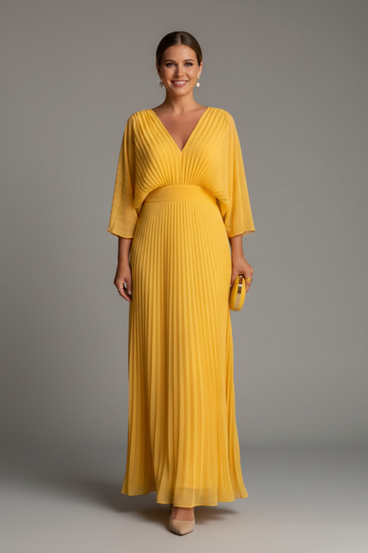 V-Neck Maxi Dress with Long Sleeves and Pleated Skirt