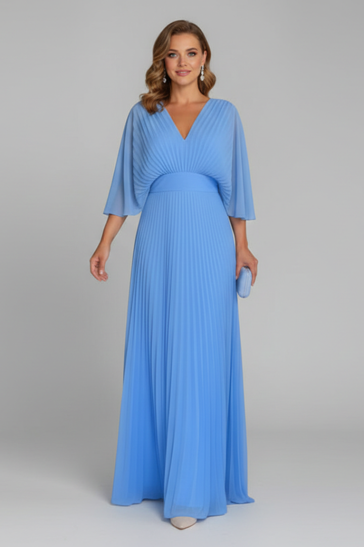 V-Neck Maxi Dress with Long Sleeves and Pleated Skirt
