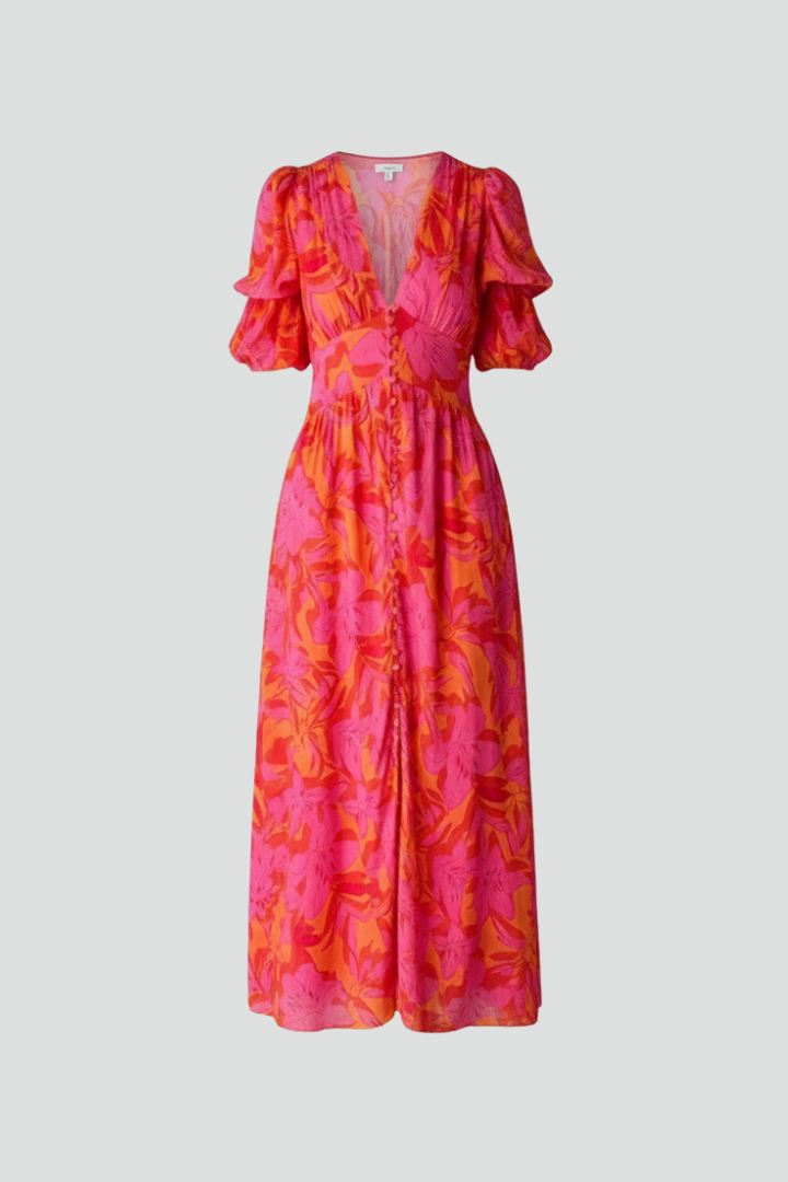 Printed Maxi Dress With V-Neck and Short Puff Sleeves