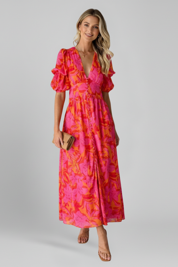 V-Neck Maxi Dress with Puff Sleeves and Wide Panel Skirt