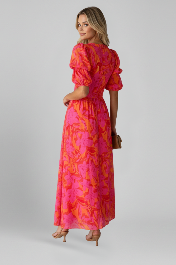 V-Neck Maxi Dress with Puff Sleeves and Wide Panel Skirt