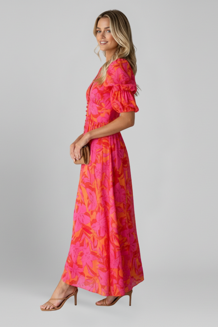 V-Neck Maxi Dress with Puff Sleeves and Wide Panel Skirt
