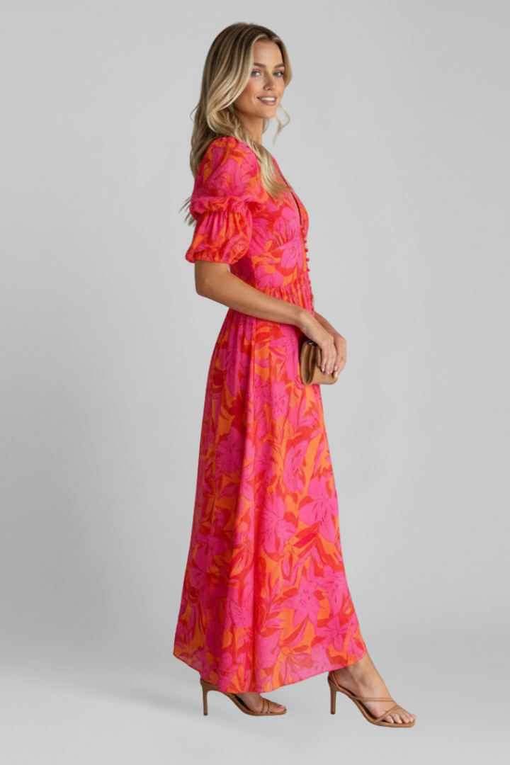 V-Neck Maxi Dress with Puff Sleeves and Wide Panel Skirt
