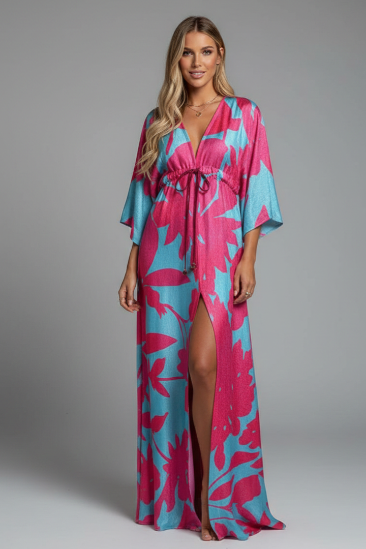 Printed Maxi Dress With Batwing Sleeves and Tie Waist