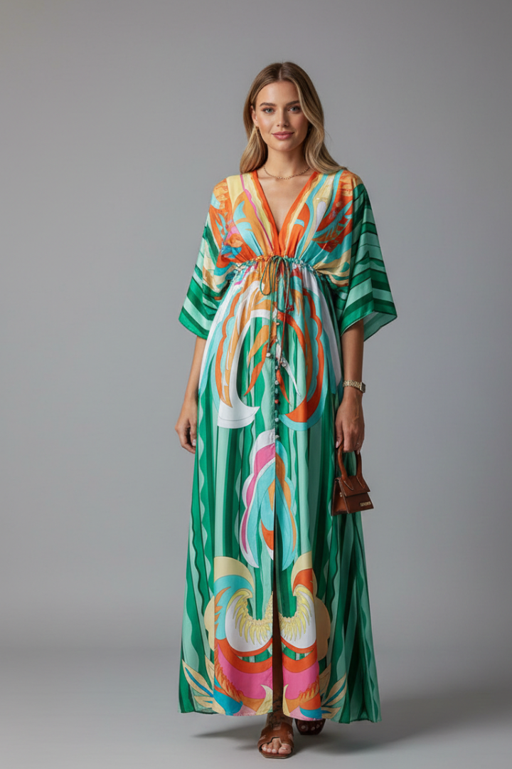 Printed Maxi Dress With Batwing Sleeves and Tie Waist