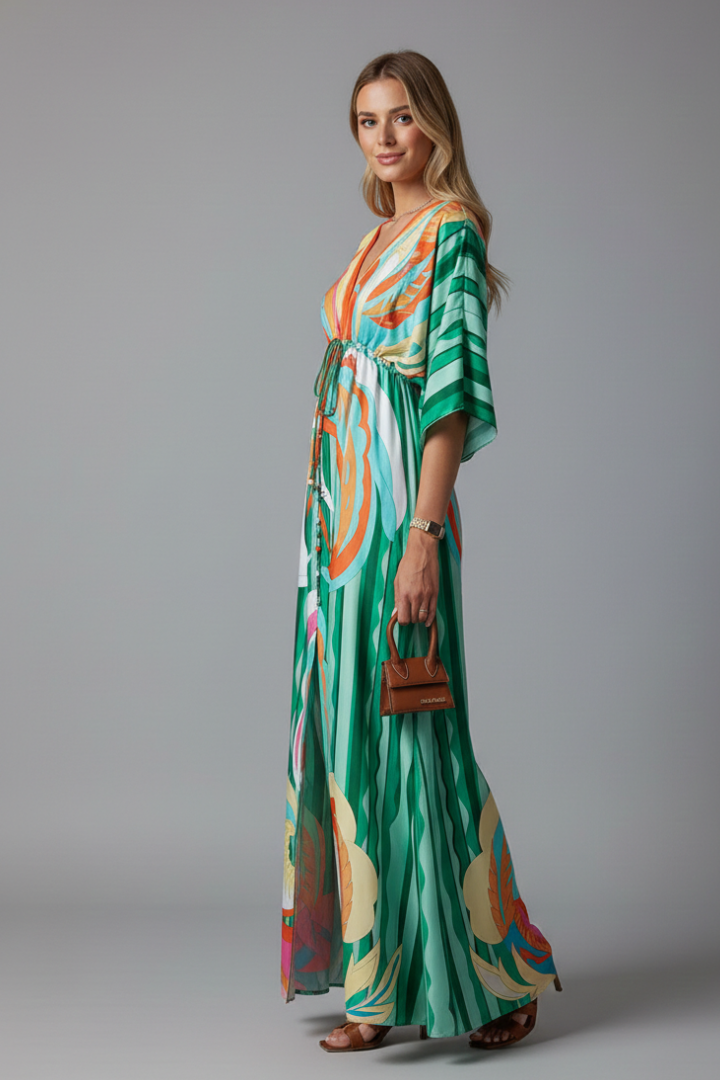 Printed Maxi Dress With Batwing Sleeves and Tie Waist