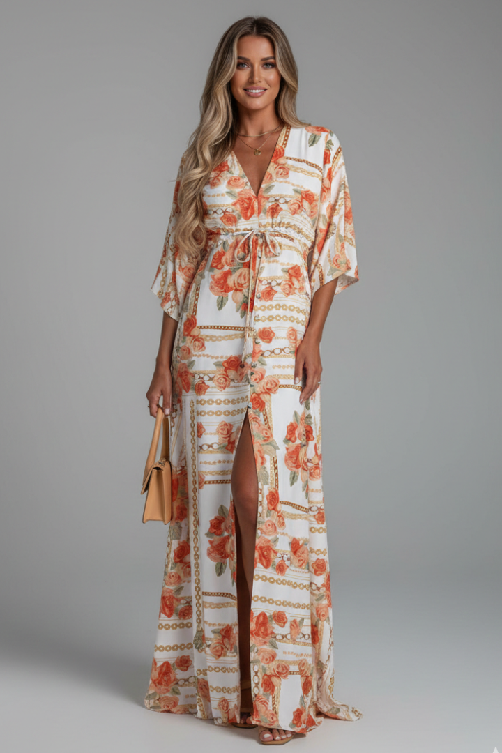 Printed Maxi Dress With Batwing Sleeves and Tie Waist