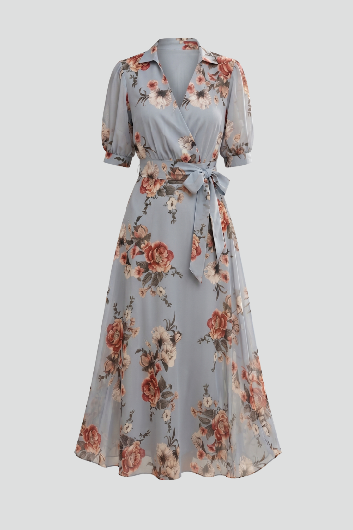 V-Neck Floral Print Midi Dress