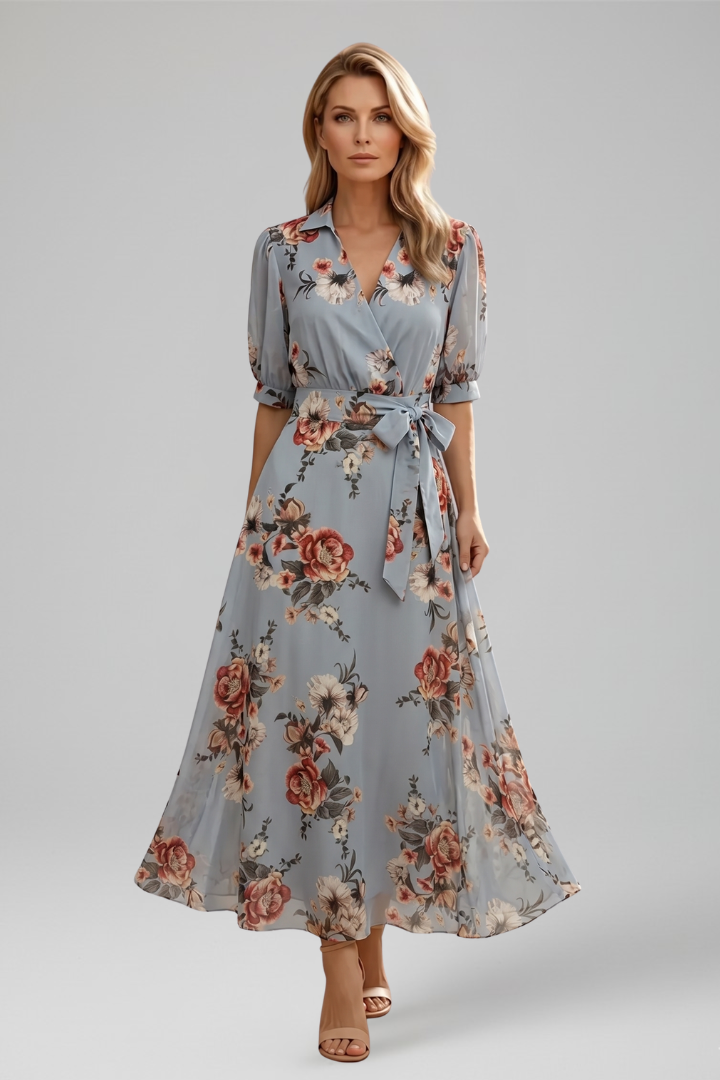 V-Neck Floral Print Midi Dress
