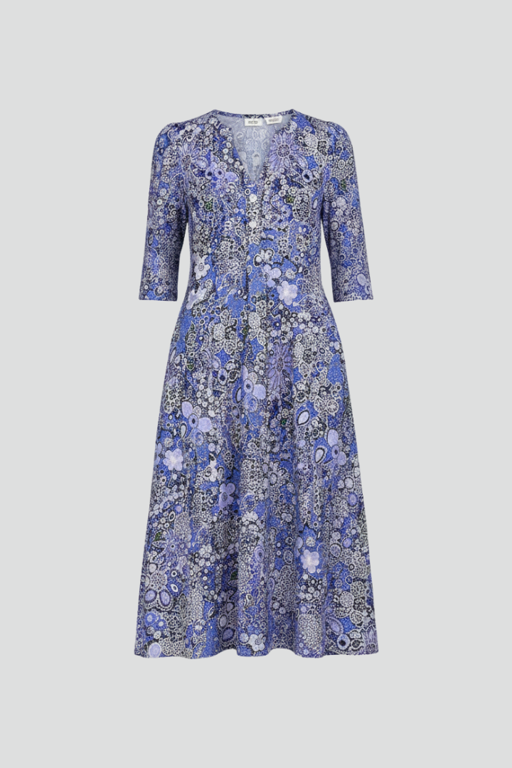 Printed V-Neck Midi Dress With Three-Quarter Sleeves