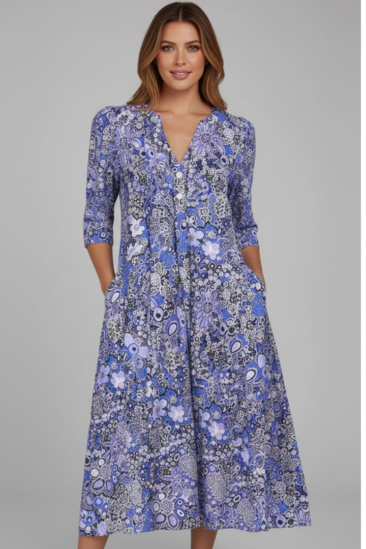 Printed V-Neck Midi Dress With Three-Quarter Sleeves