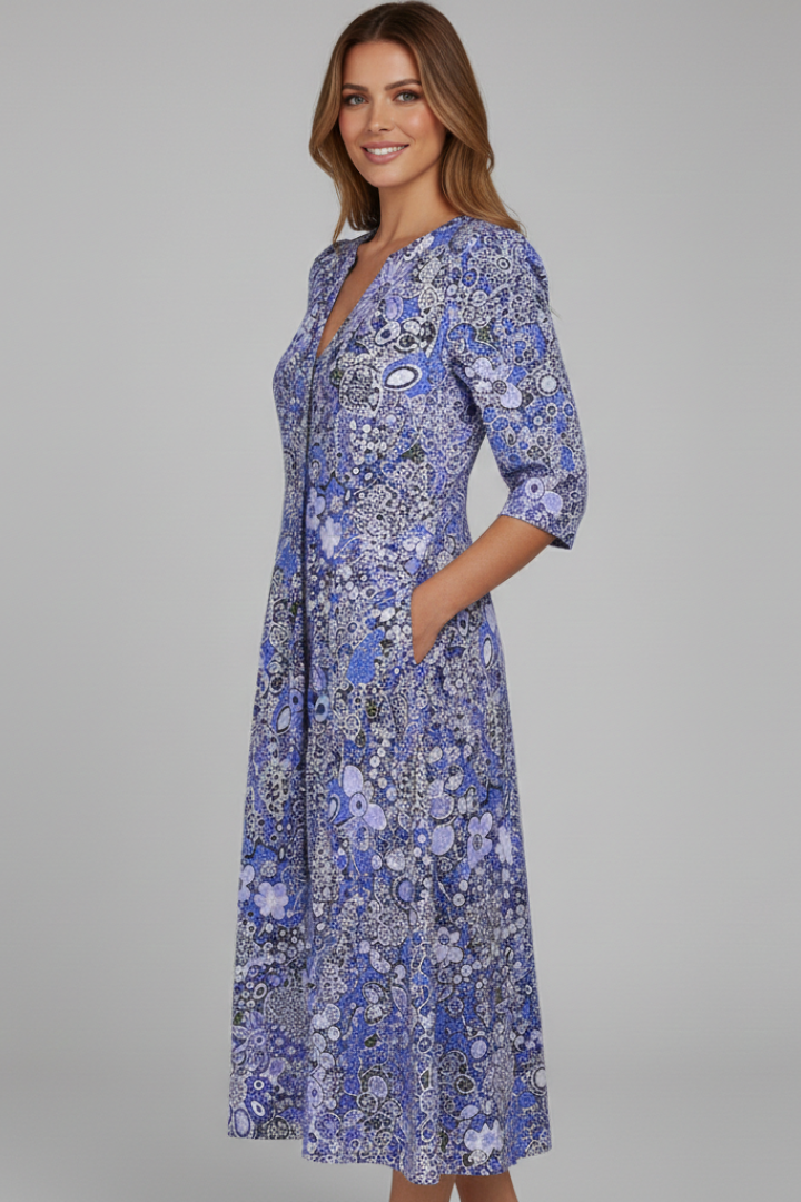 Printed V-Neck Midi Dress With Three-Quarter Sleeves