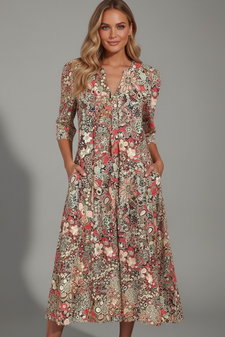 Printed V-Neck Midi Dress With Three-Quarter Sleeves