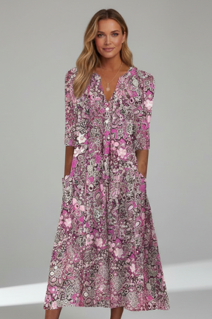 Printed V-Neck Midi Dress With Three-Quarter Sleeves