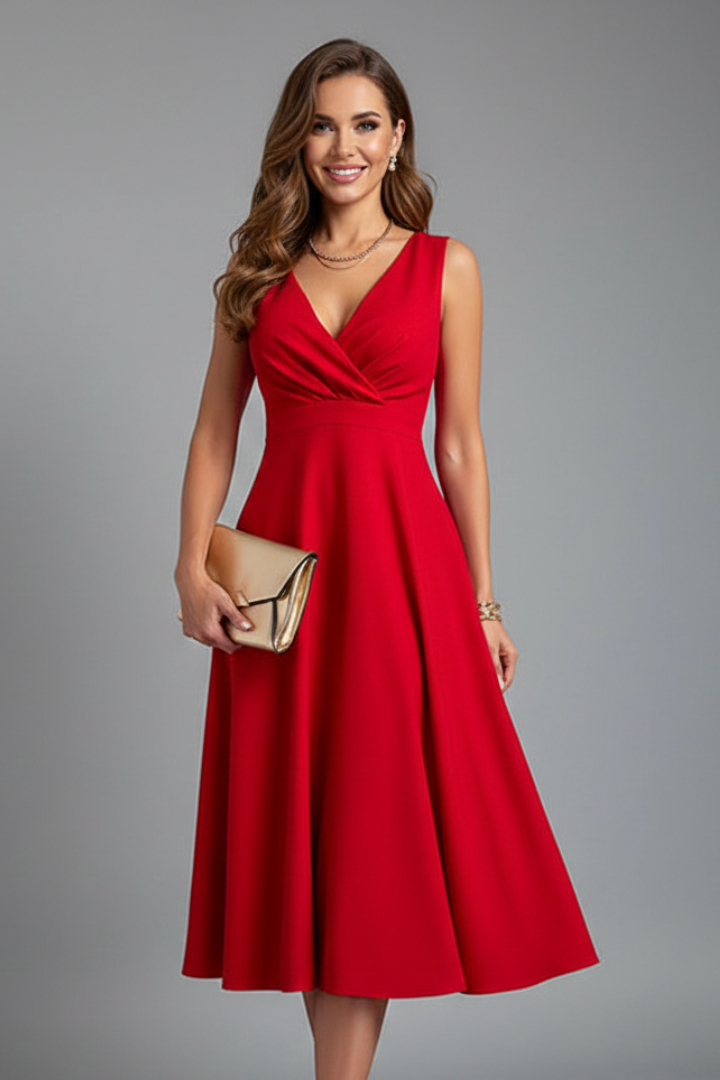 Sleeveless V-Neck Midi Dress with Back Zip and A-Line Skirt