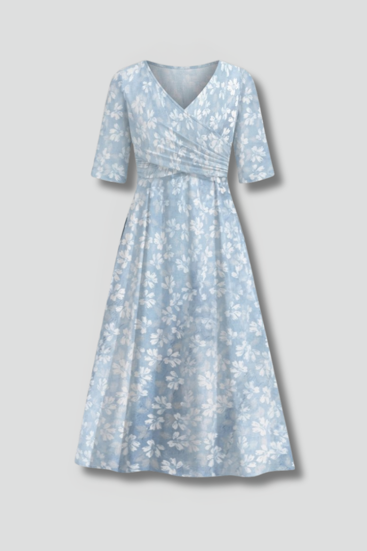 V-Neck Midi Dress with Short Sleeves and Side Pockets
