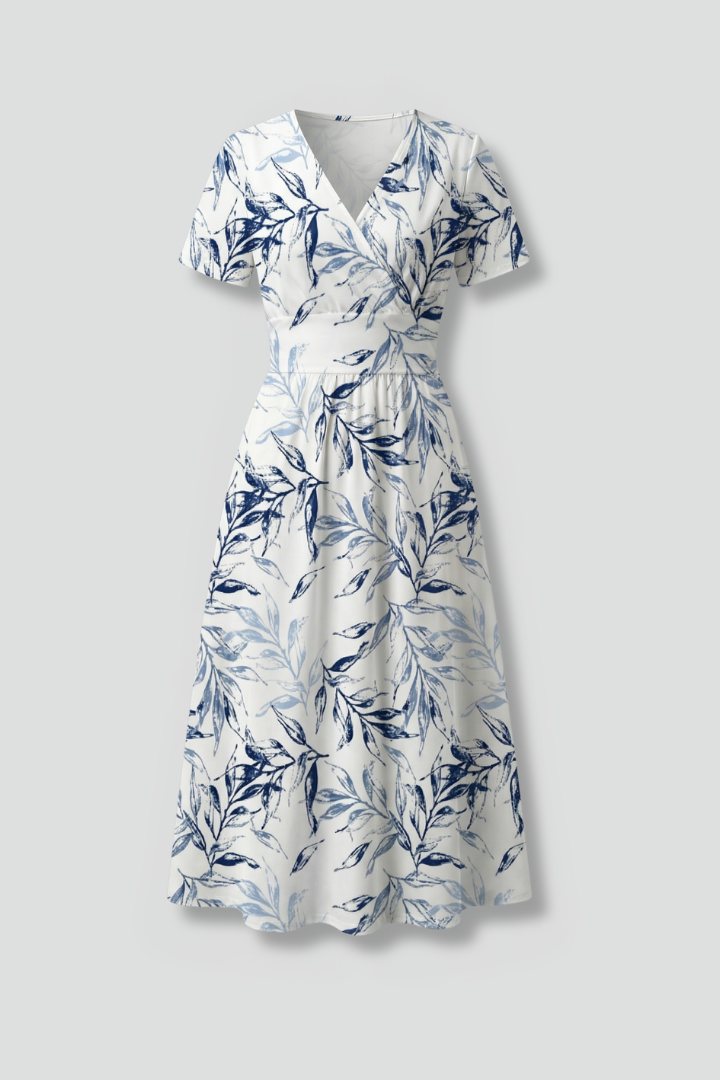 Floral Print V-Neck Midi Dress with A-Line Skirt