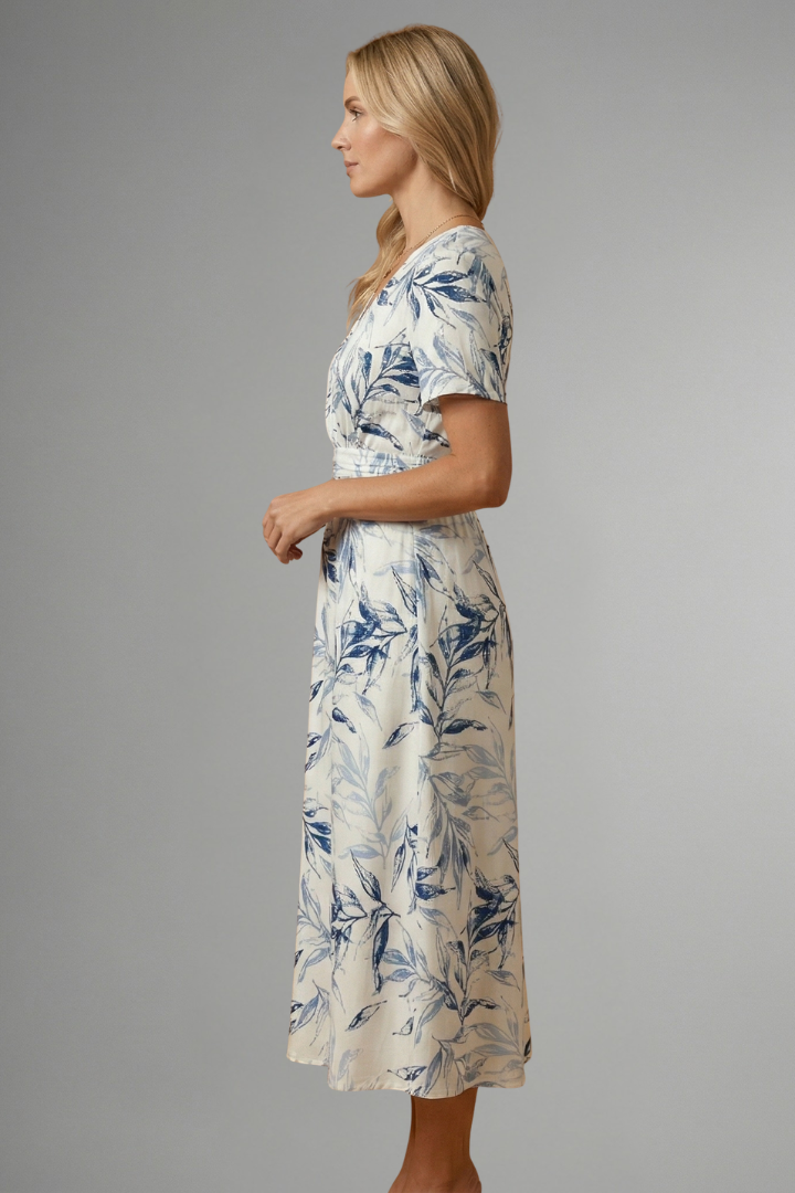 Floral Print V-Neck Midi Dress with A-Line Skirt