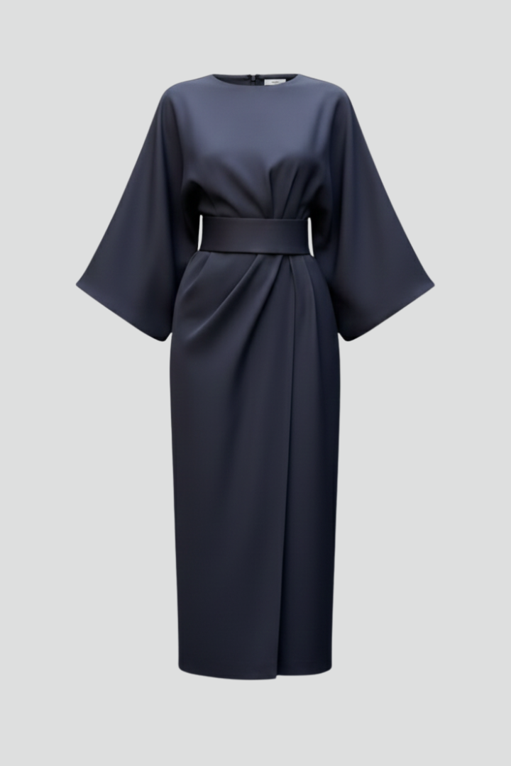 Belted Midi Dress with Wide Elbow-Length Sleeves