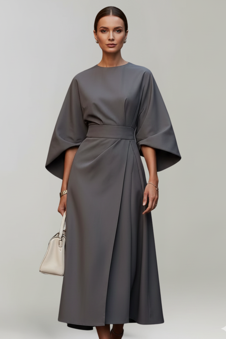 Belted Midi Dress with Wide Elbow-Length Sleeves