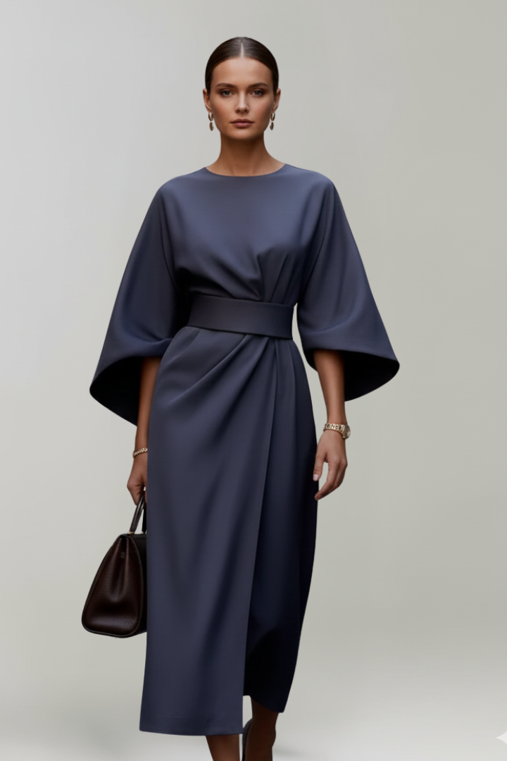 Belted Midi Dress with Wide Elbow-Length Sleeves