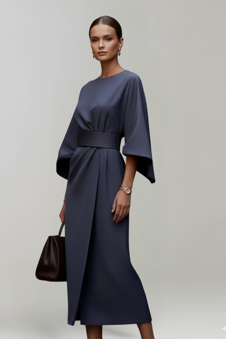 Belted Midi Dress with Wide Elbow-Length Sleeves