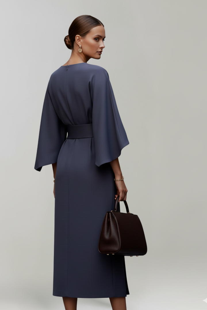 Belted Midi Dress with Wide Elbow-Length Sleeves
