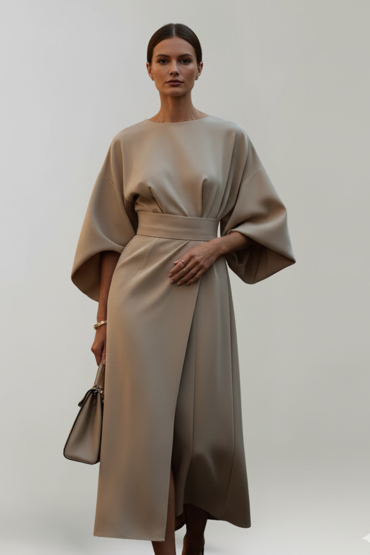 Belted Midi Dress with Wide Elbow-Length Sleeves