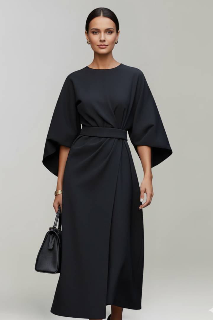 Belted Midi Dress with Wide Elbow-Length Sleeves