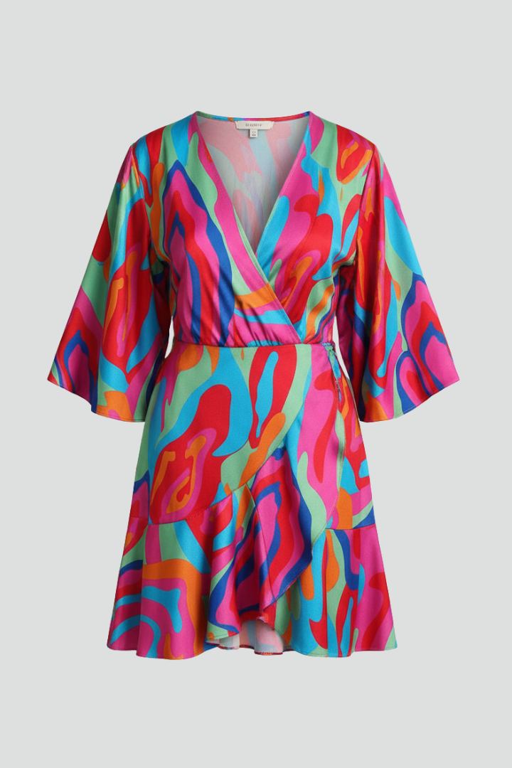 Mini Dress with Batwing Sleeves and Adjustable Waist Tie