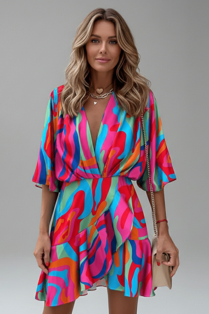 Mini Dress with Batwing Sleeves and Adjustable Waist Tie