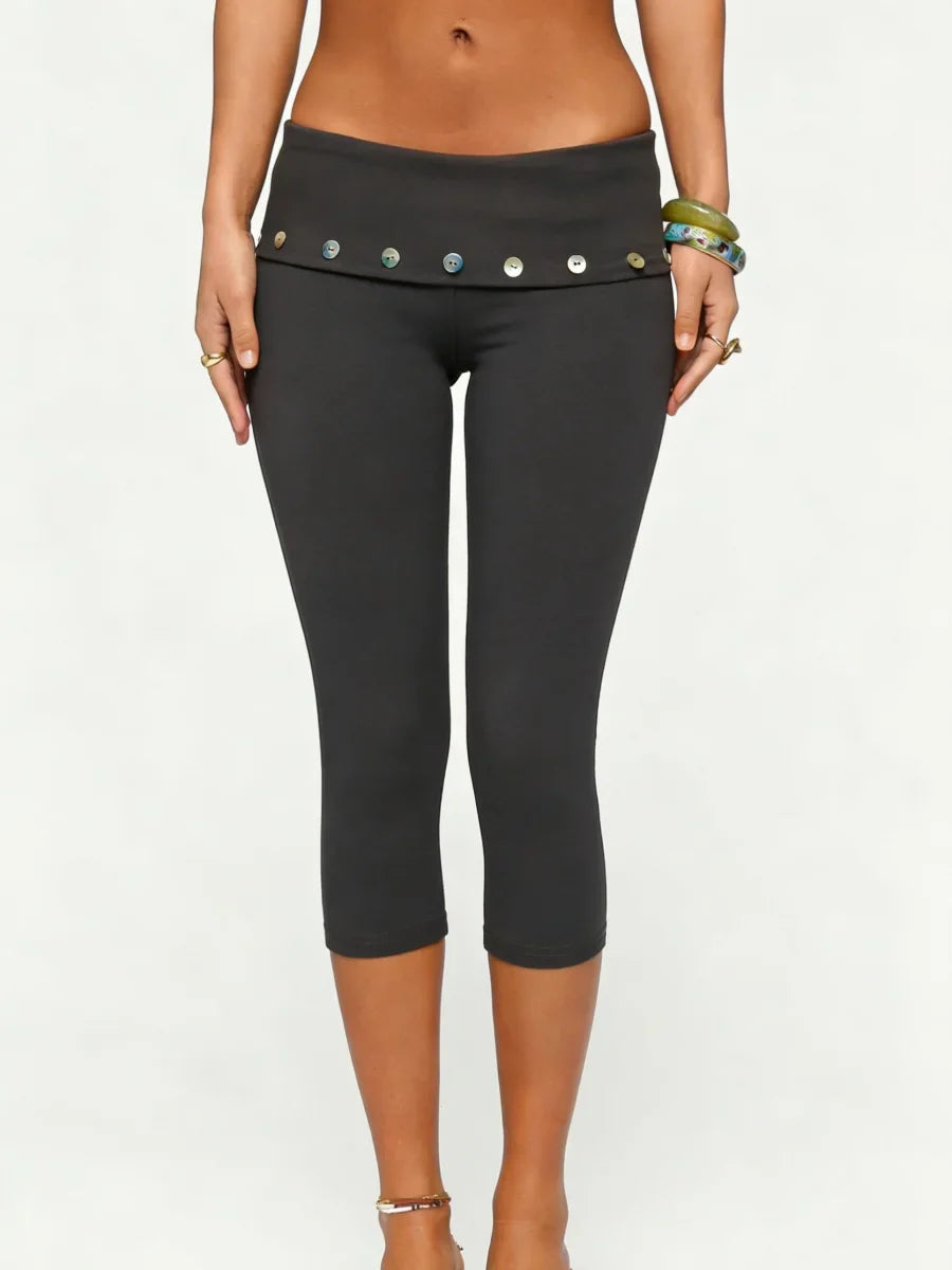 Stretch Capri Leggings with Button Embellished Fold-Over Waistband