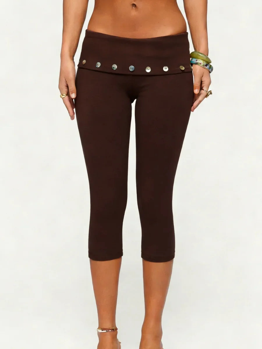 Stretch Capri Leggings with Button Embellished Fold-Over Waistband