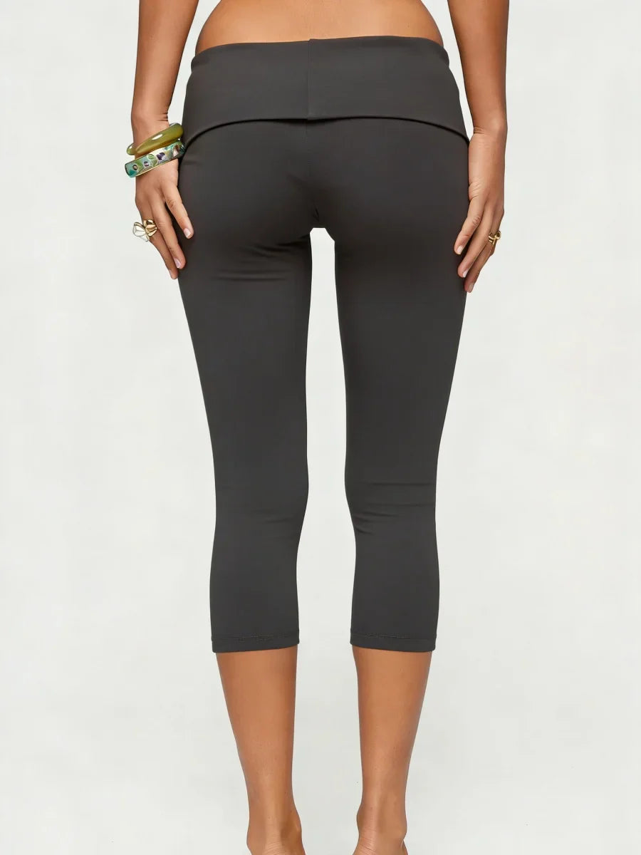 Stretch Capri Leggings with Button Embellished Fold-Over Waistband