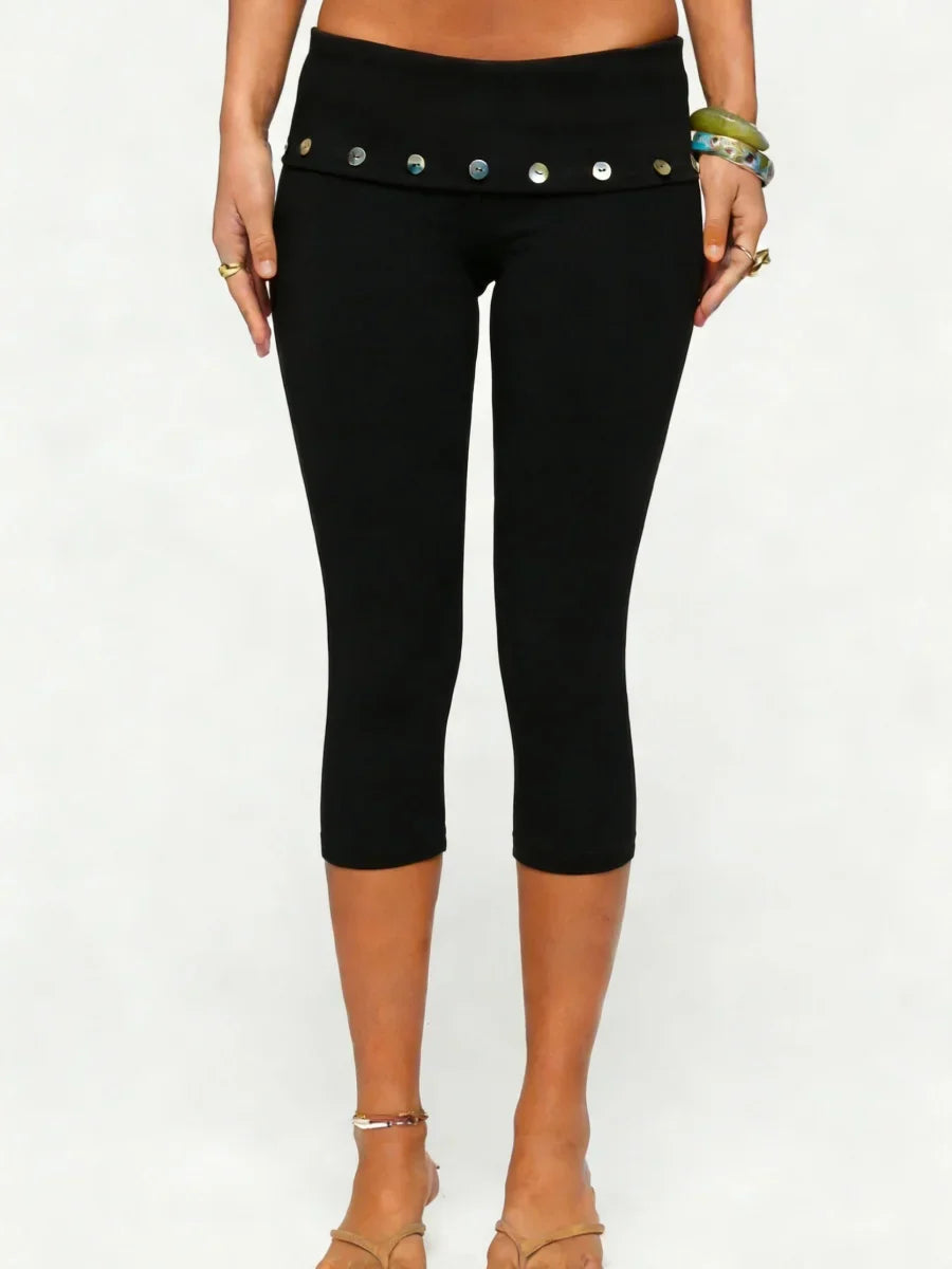 Stretch Capri Leggings with Button Embellished Fold-Over Waistband