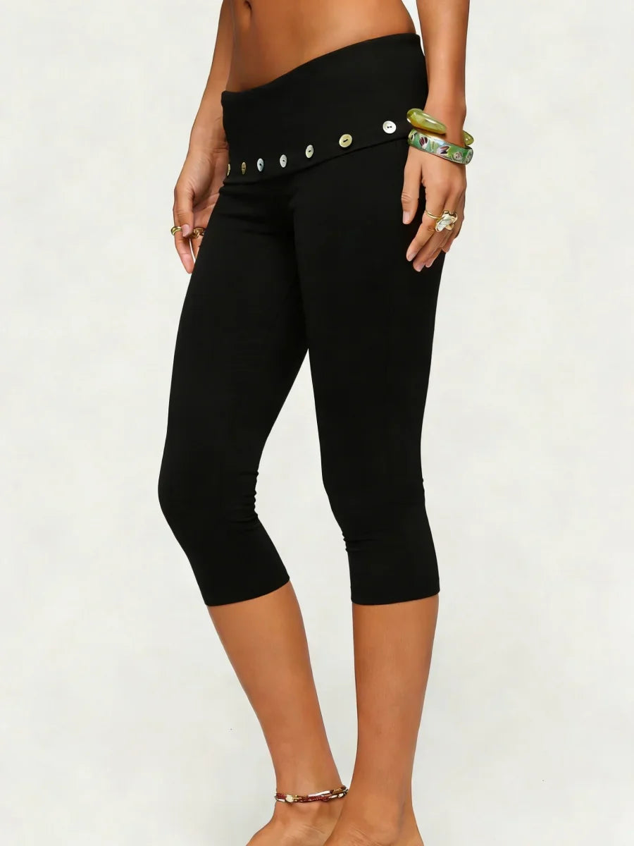 Stretch Capri Leggings with Button Embellished Fold-Over Waistband