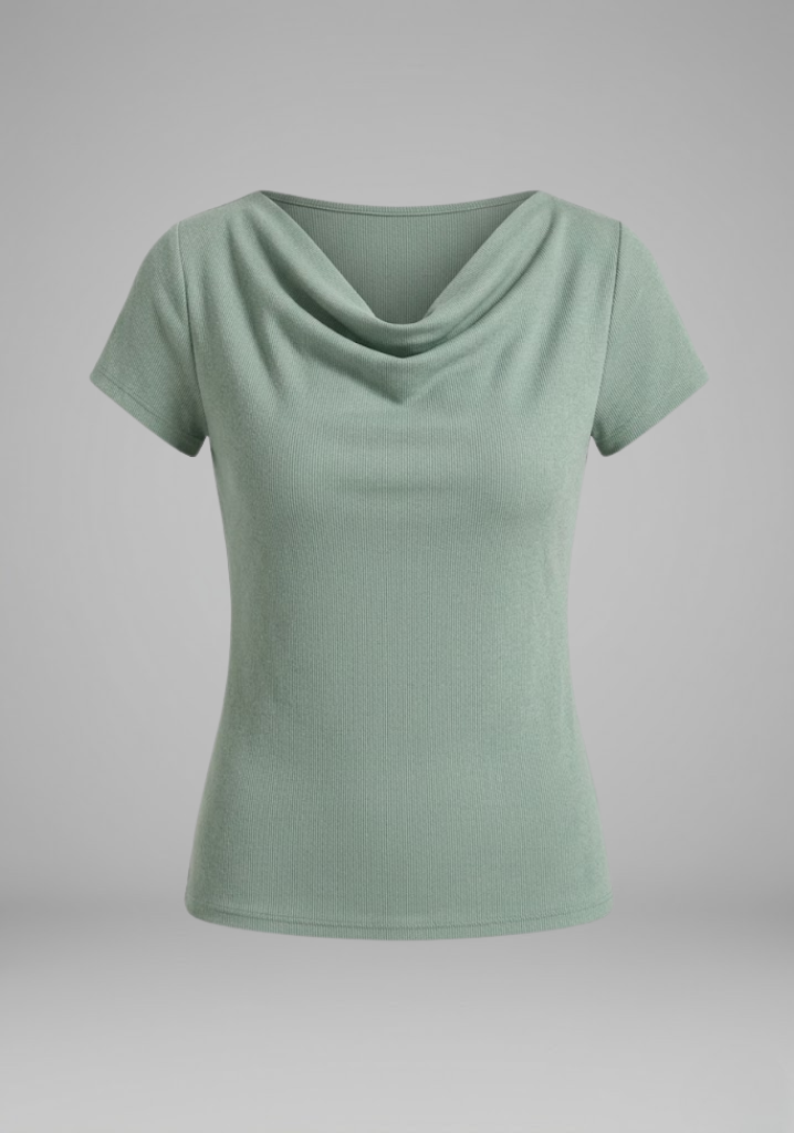 Draped Cowl Neck Blouse With Short Sleeves