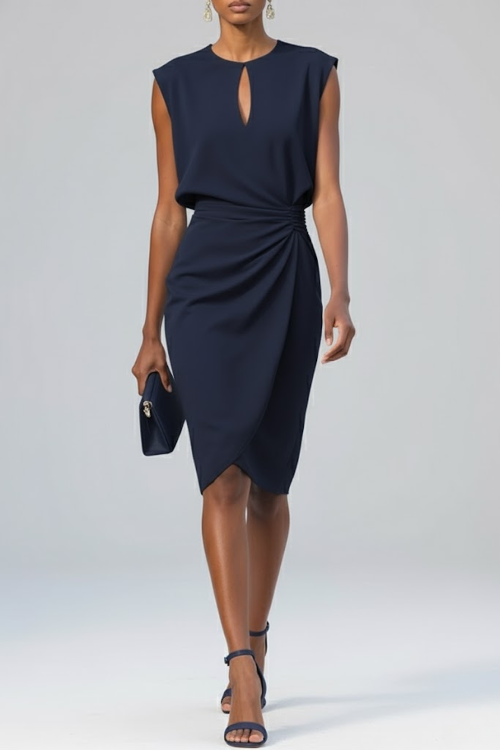 Keyhole Neck Ruched Waist Midi Cocktail Dress