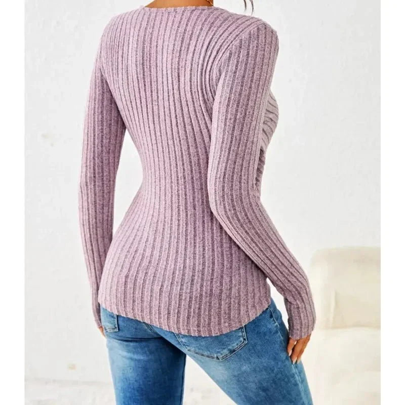 Ribbed Wrap V-Neck Long Sleeve Top