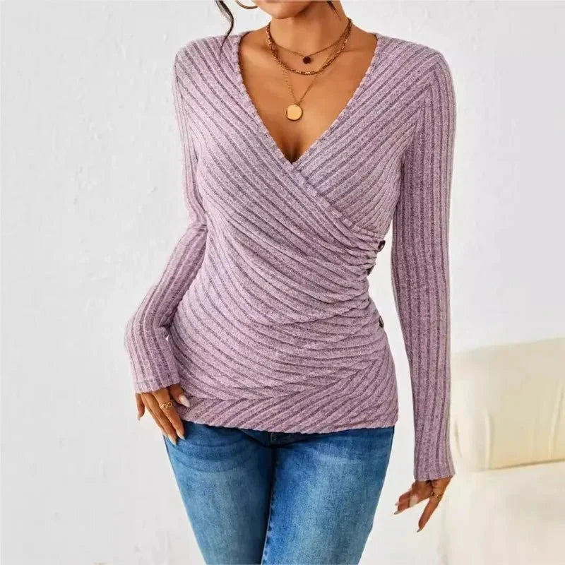 Ribbed Wrap V-Neck Long Sleeve Top